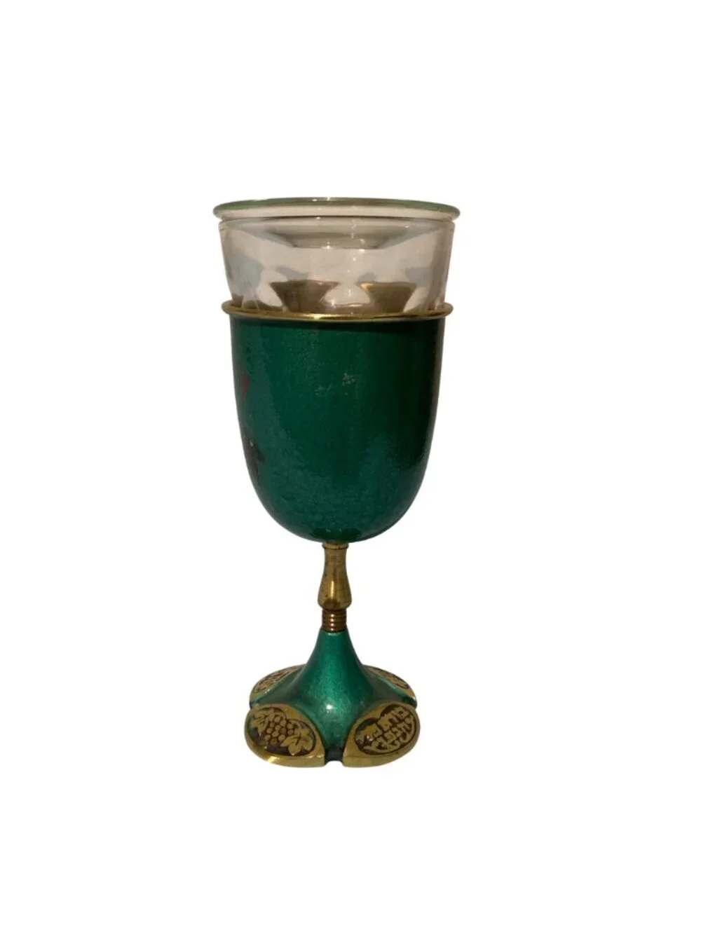Vintage Brass And Enamel Kiddush Cup With Glass Insert And Top